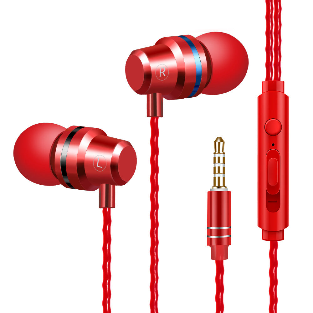 In-ear metal wired headphones, red earbuds with blue and white rings, red inline remote