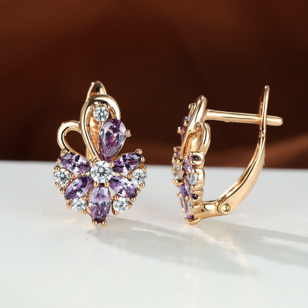 أقراط زركون على شكل قطرة زهور ملونة مع خاتم وردي