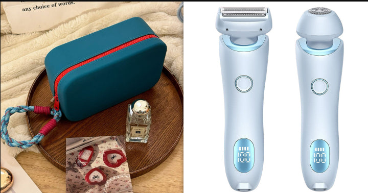 Two-in-one hair removal epilator and trimmer set with teal case, light blue devices
