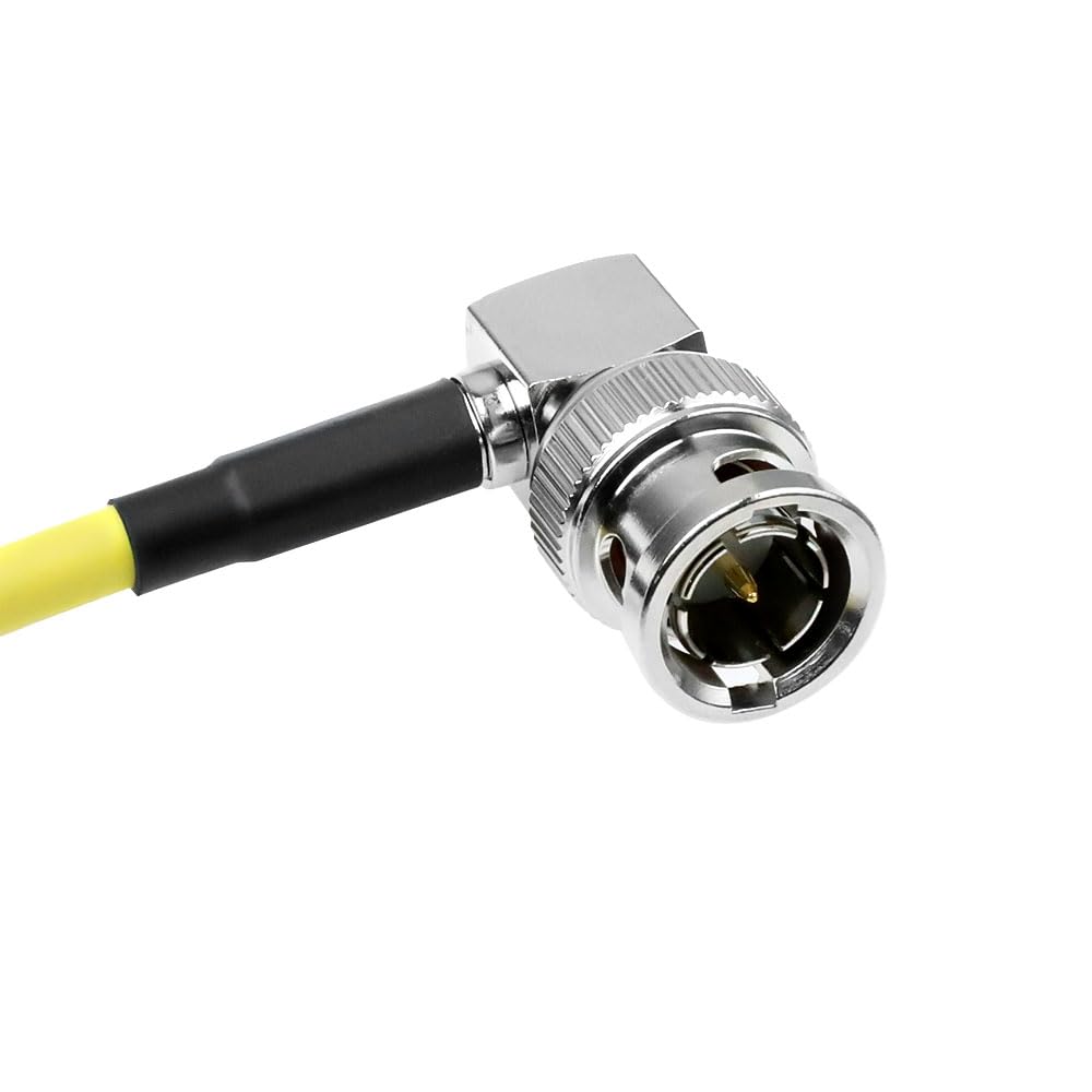 Yellow SDI BNC cable with one male connector, metal shell and black jacket