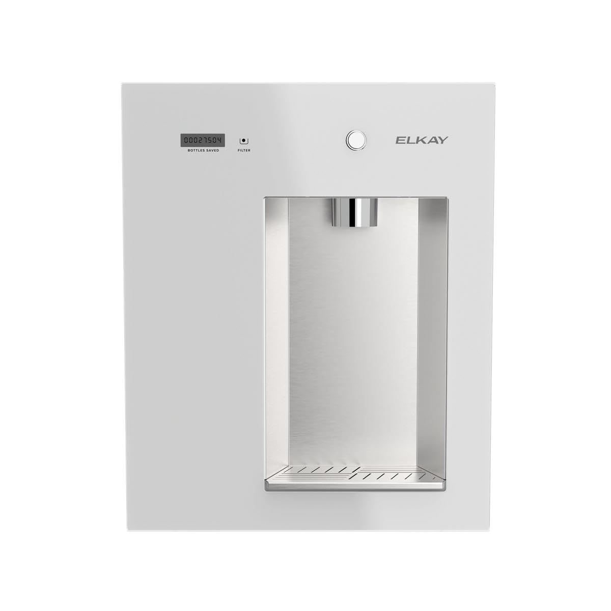 Wall-mounted water dispenser, white front panel with silver dispensing area and round button