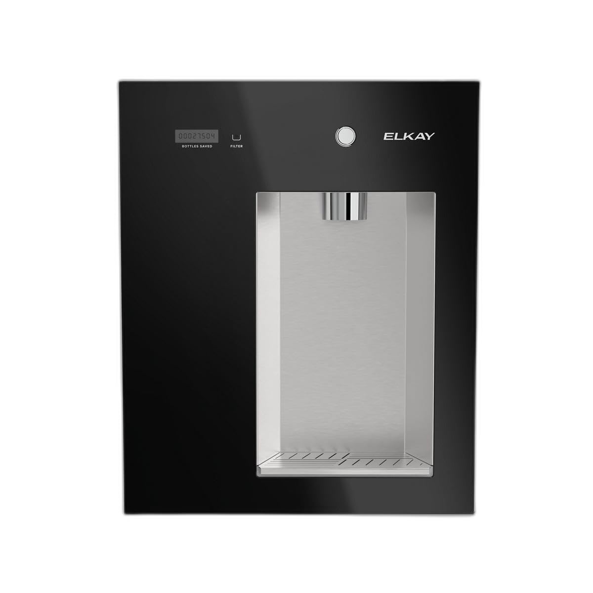 Wall-mounted water dispenser, black front panel with silver dispensing area and round button