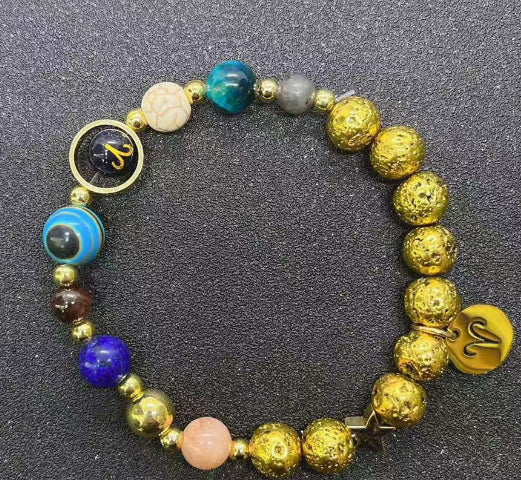 Zwölf-Konstellationen-Armbänder Blau San Vulkangestein Antikes & Gold Perlenarmband