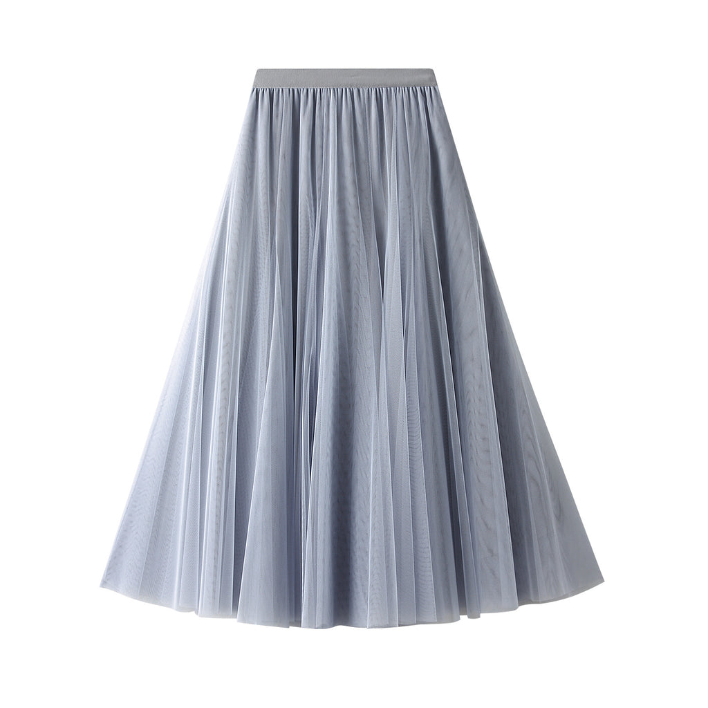 Light blue-gray tulle pleated skirt, high elastic waistband, mid-length flare