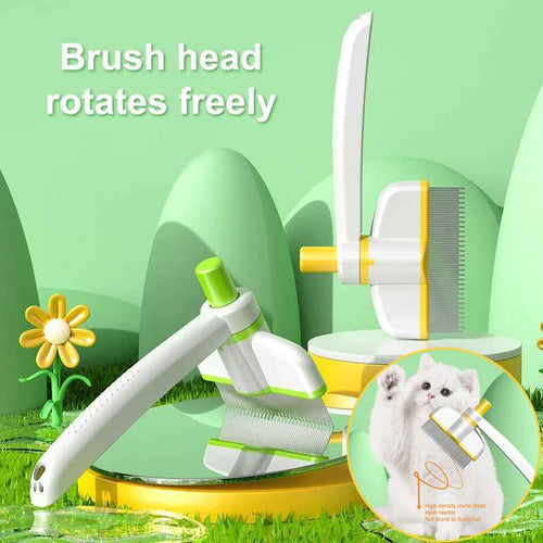 Pet self-cleaning grooming comb brush with rotating head, white handle and yellow-green pins