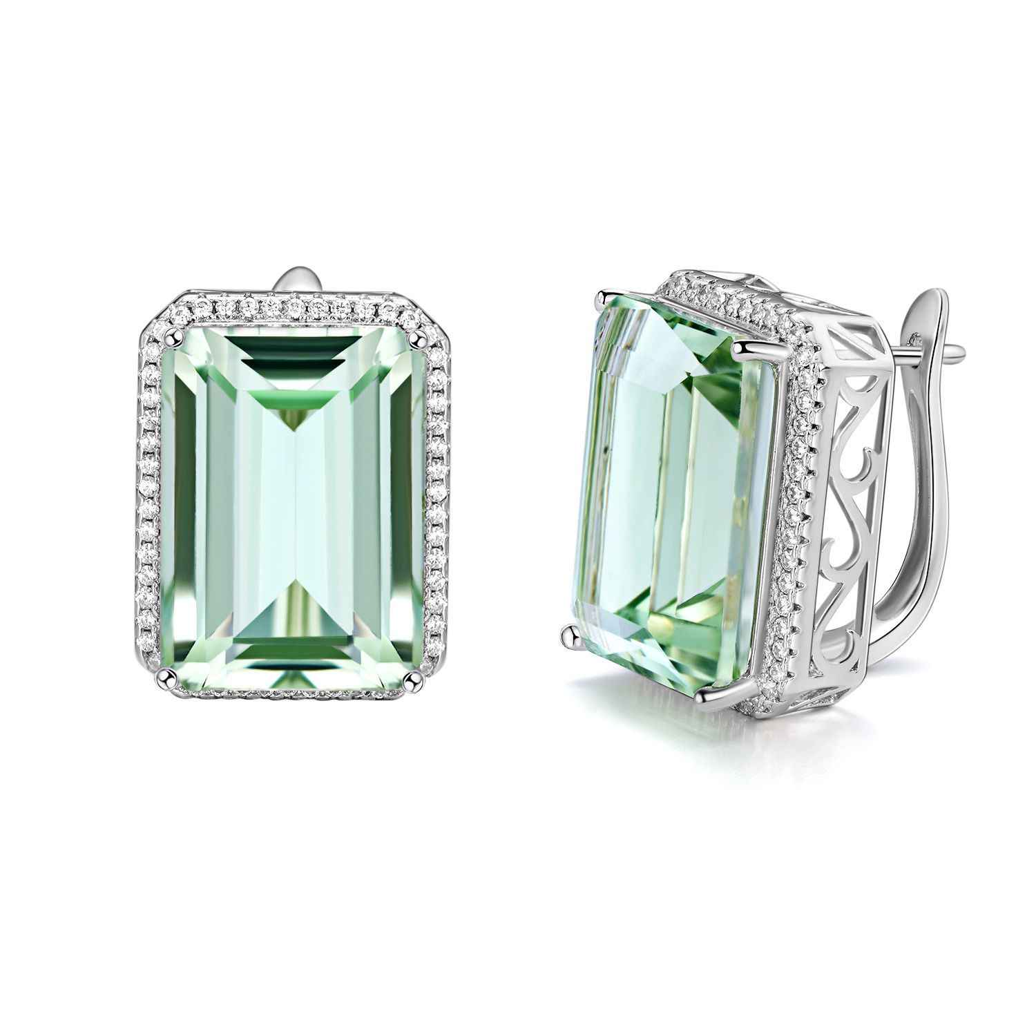 Green square crystal stud earrings with S925 silver settings and glittering pavé