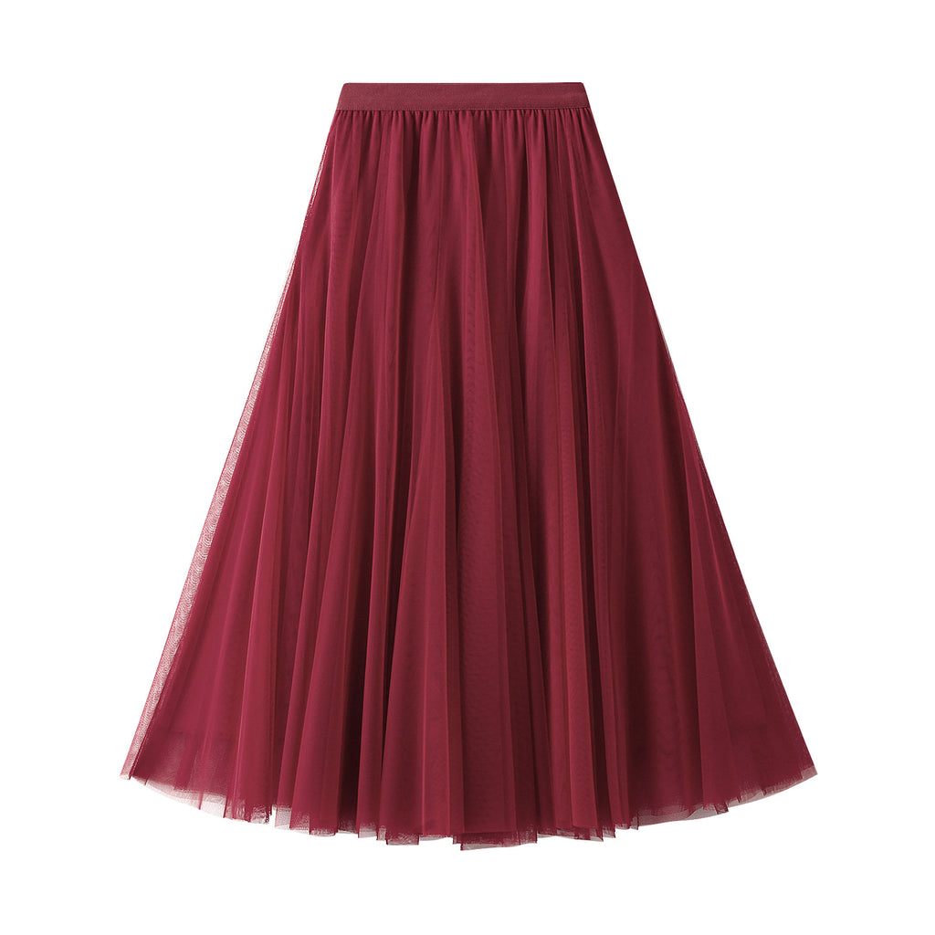 Burgundy tulle pleated skirt with high elastic waistband, mid-length flare