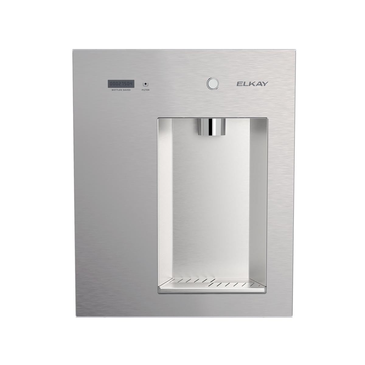 Wall-mounted water dispenser, brushed steel gray front with silver dispensing area and round button