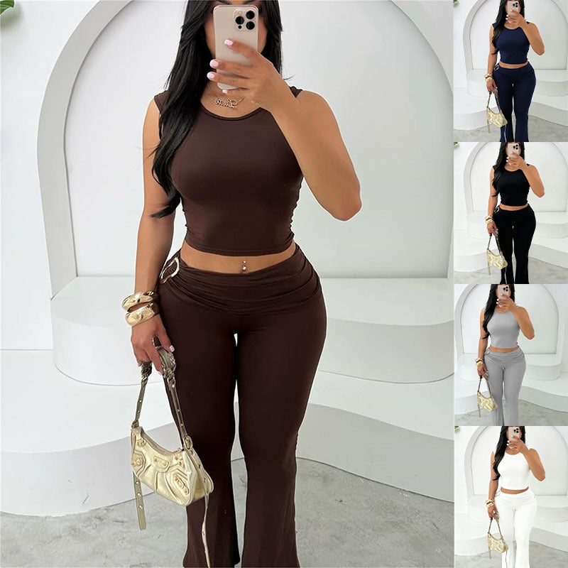 Womens Solid-Colored Sleeveless Top And Bodycon Hip-Hugging Pants Set