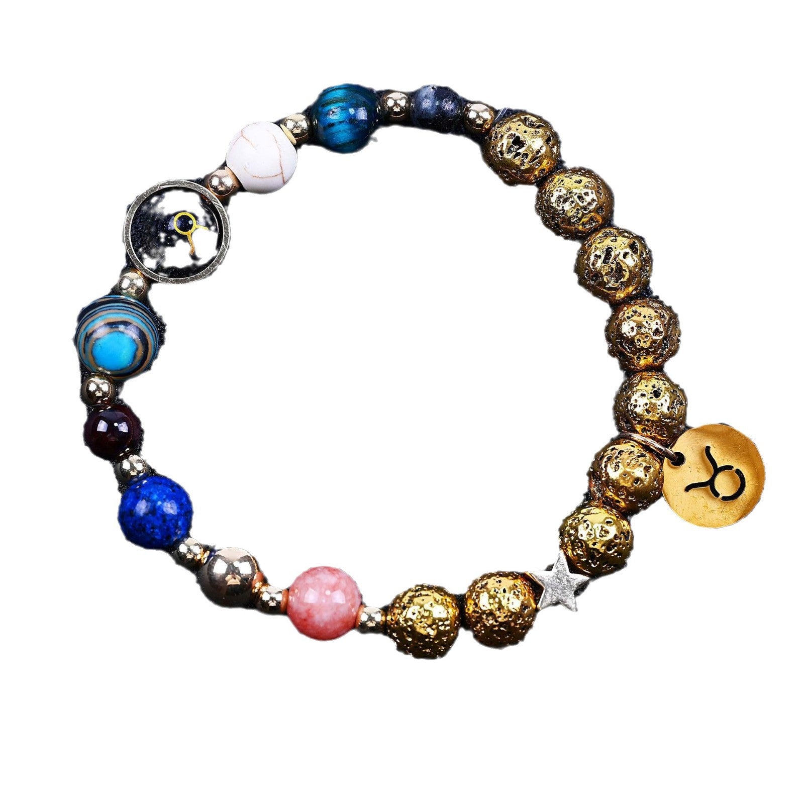 Zwölf-Konstellationen-Armbänder Blau San Vulkangestein Antikes & Gold Perlenarmband