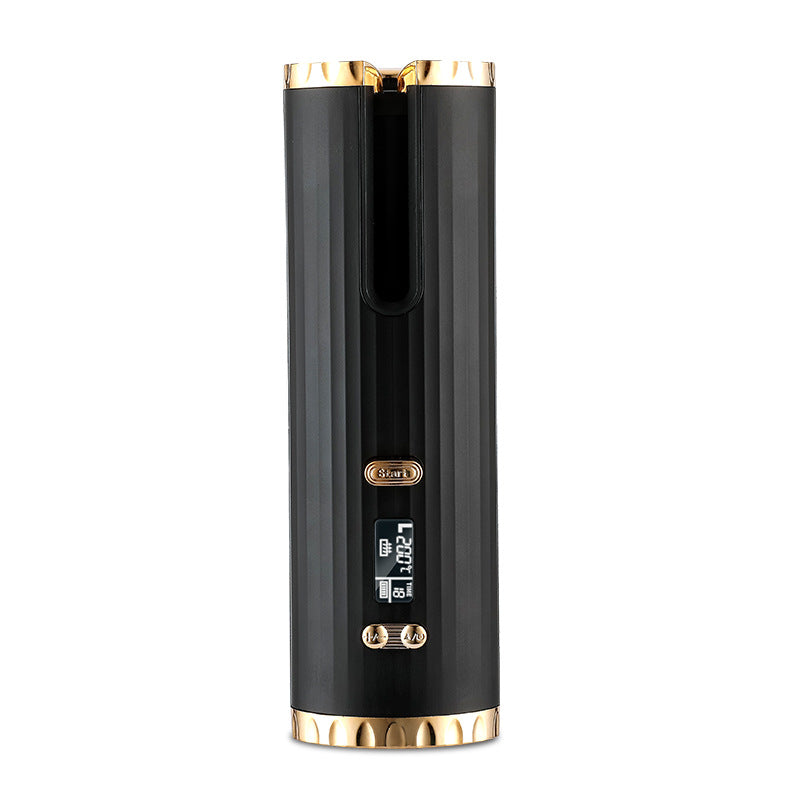 Automatic hair curler, dark gray body with gold top ring and LCD display