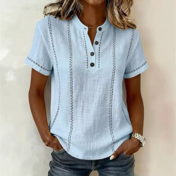 Women’s striped short-sleeve blouse, light blue with dark vertical stitching, button V-neck