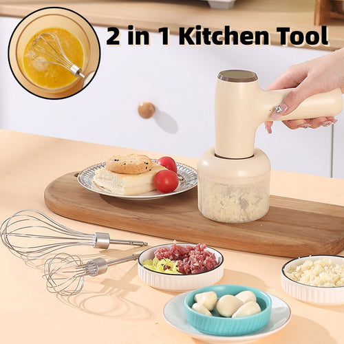 Beige handheld electric chopper with clear cup and whisk attachments