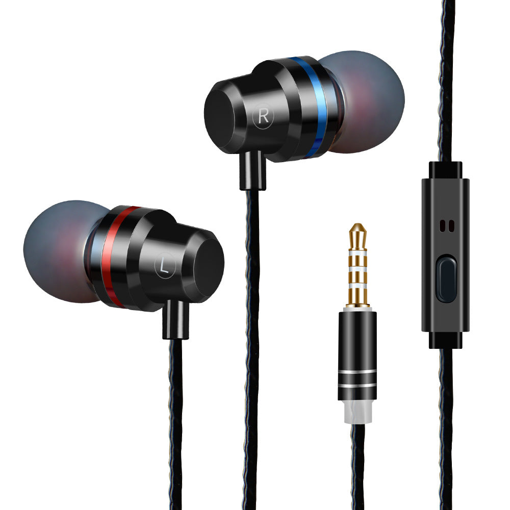 In-ear metal wired headphones, black earbuds with blue accents, inline remote and 3.5mm plug