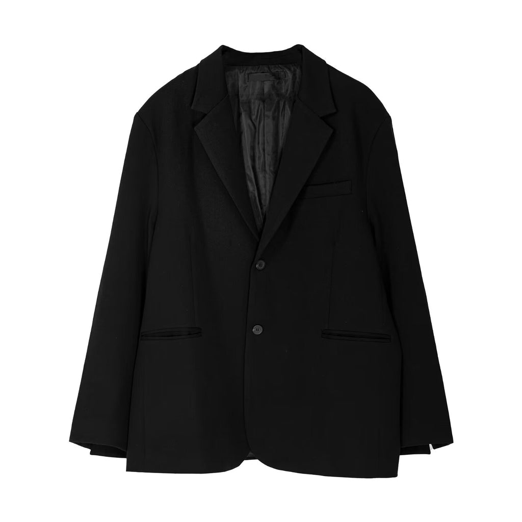 Black single-breasted blazer-style coat with notch lapels, button front, flap pockets