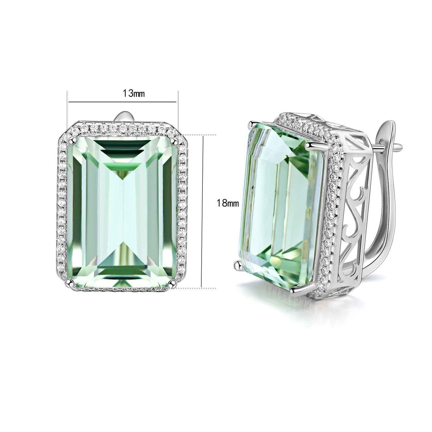 S925 silver green crystal stud earrings, approx 13mm by 18mm, pavé edges