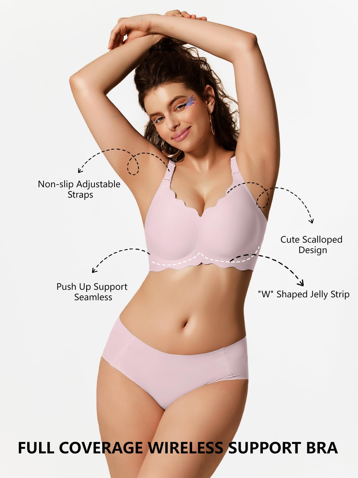 Pink wireless bra with scalloped cups and non-slip adjustable straps