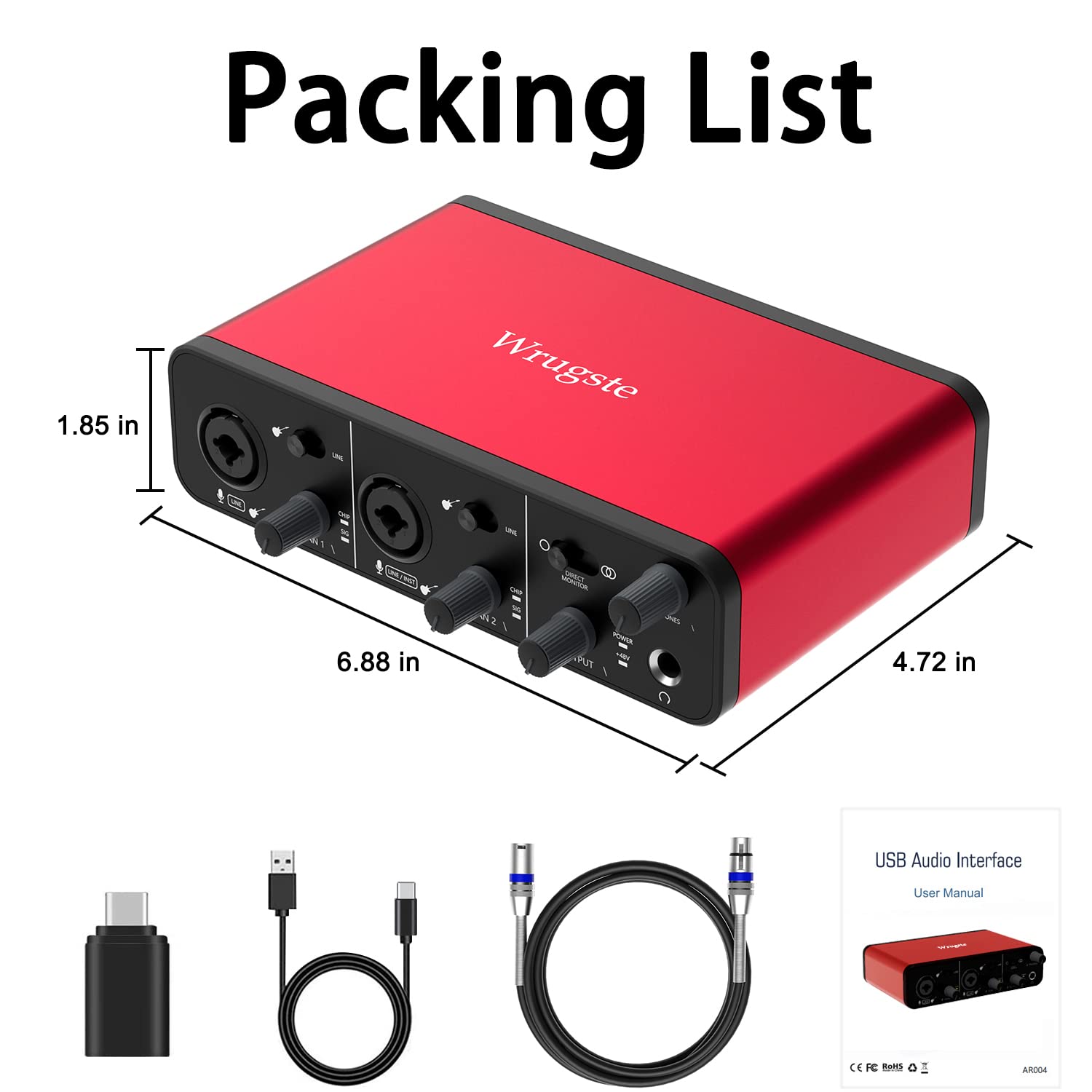 Wrugste USB Audio Interface Solo(24Bit/192kHz)+48V Phantom Power for Computer Recording Podcasting and Streaming Plug and Play Noise-Free Wrugste XLR Audio Interface for PC No Software Included