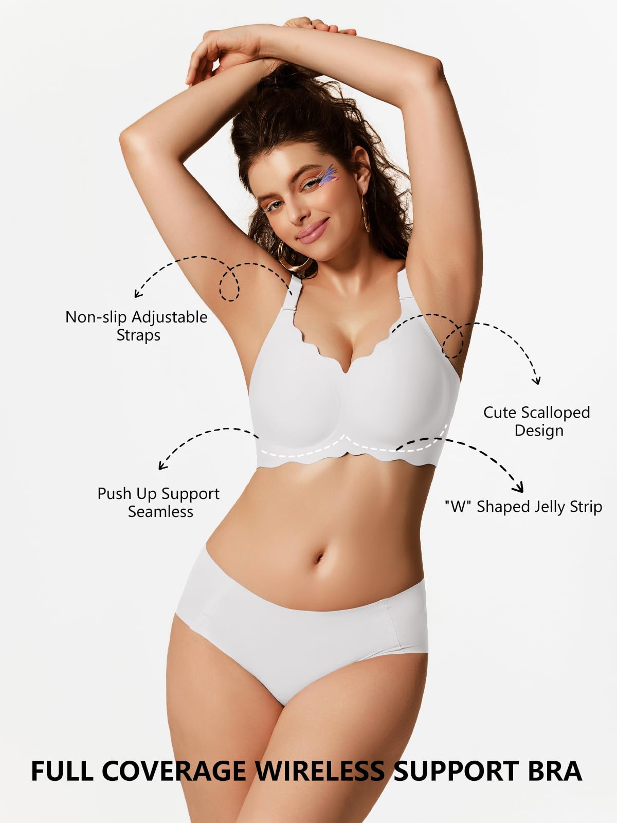 White full-coverage wireless bralette with scalloped edges and non-slip adjustable straps