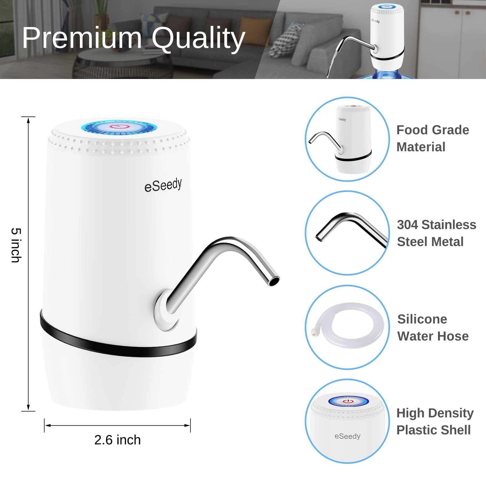 White water pump dispenser with curved stainless spout, silicone hose, and plastic shell