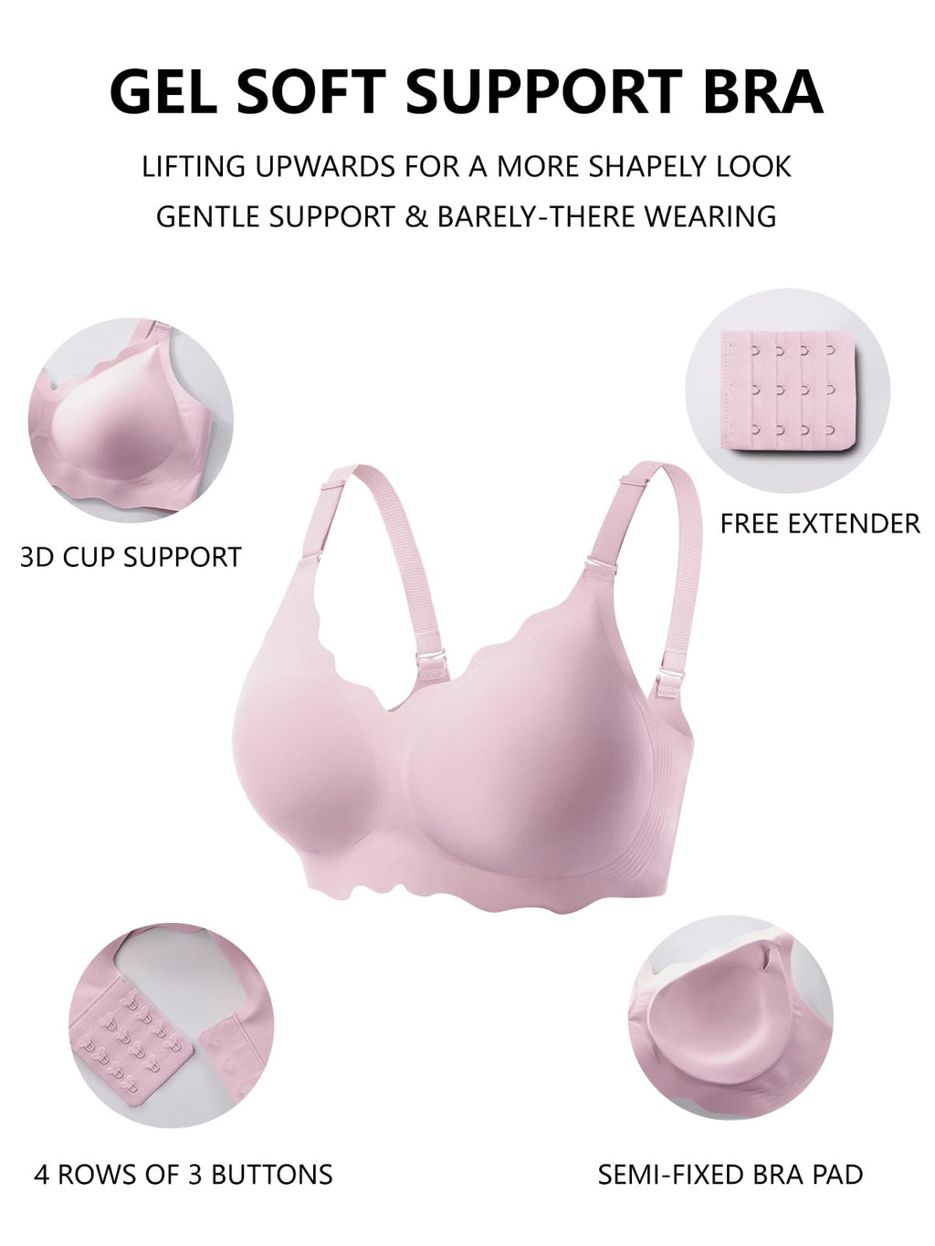 Pink wireless push-up bra with semi-fixed pad and extra hook-and-eye extender
