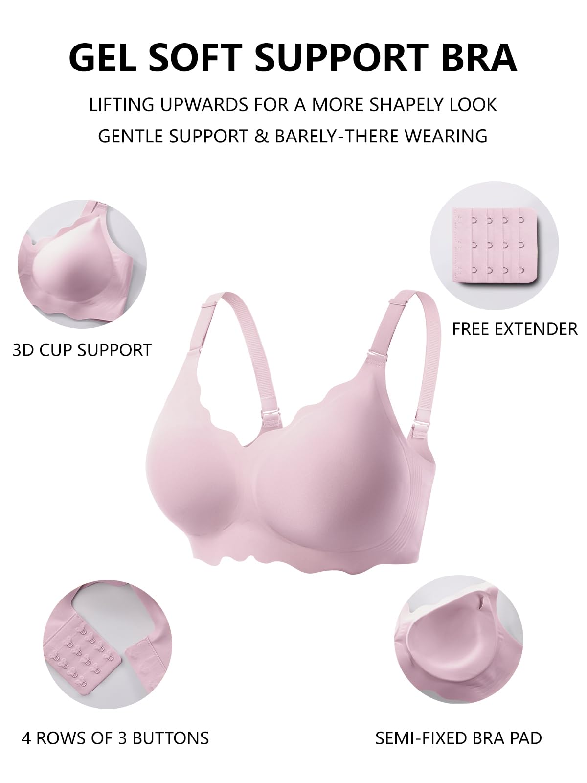 Pink wireless push-up bra with semi-fixed pad and extra hook-and-eye extender