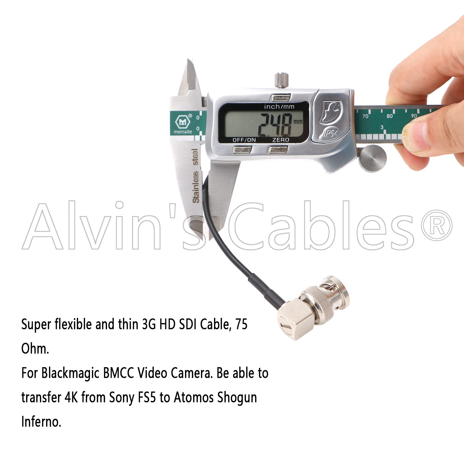 Alvin's Cables 3G SDI Cable BNC to BNC Cable Thin Flexible for Sony FS5| FS7| FX6, for Canon C300, Blackmagic URSA Camera, Atomos Ninja| Shogun Monitor, Right Angle 60CM| 2ft