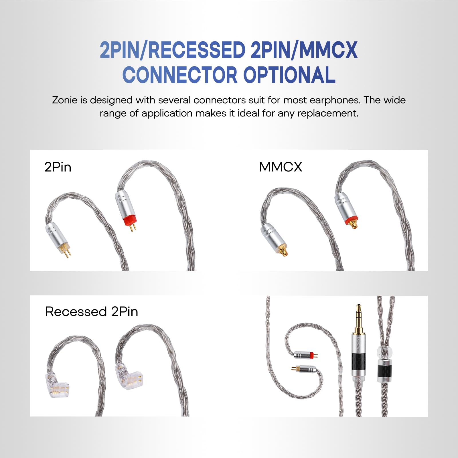 Linsoul Tripowin Zonie IEM Cable, 16 Core Silver Plated Earphone Upgraded Cords, 1.25m SPC in Ear Monitor Cable for 7hz Zero:2 Orchestra Lite Cadenza Hype4 Supermix4(2pin 0.78mm, 4.4mm)(Grey)