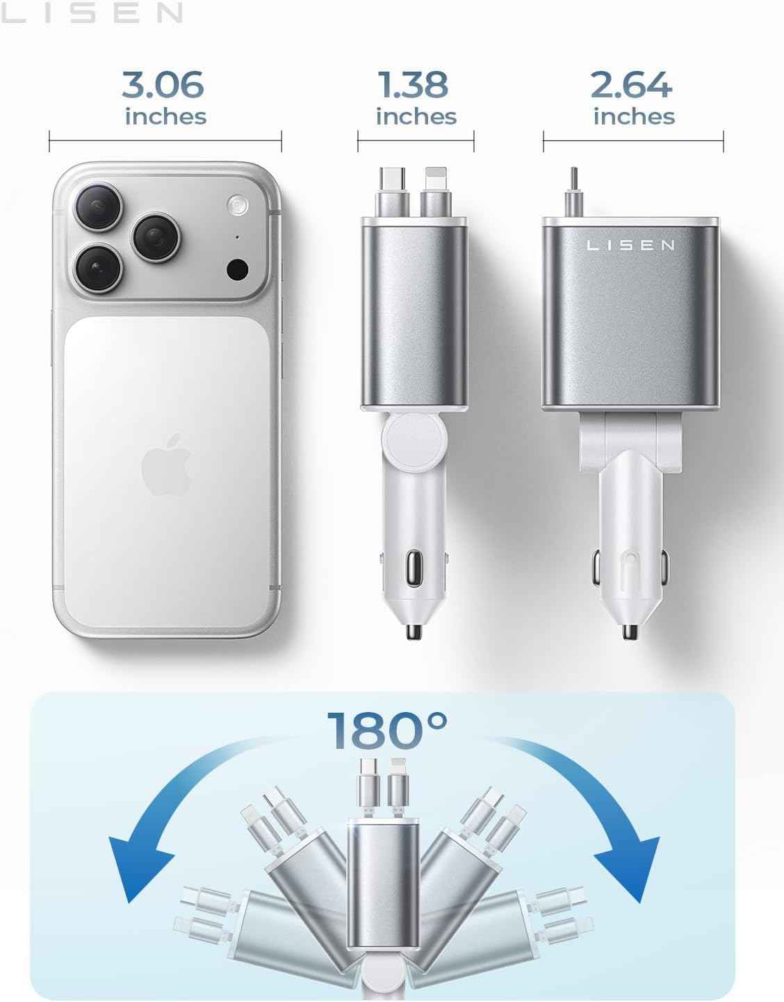 LISEN Retractable Car Charger, Gifts for Mothers Day 2026, 84W Car Charger USB C Fast Charge, Gifts for Mom Dad Him Her, Travel Essentials Car Accessories for Men Women Gifts for iPhone 17 16 15 14 13