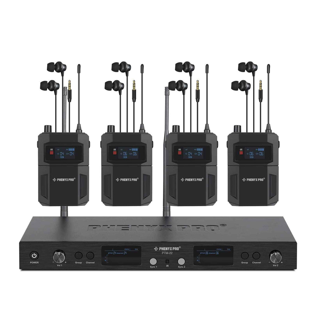 Phenyx Pro UHF Mono Dual Wireless in-Ear Monitor System, Metal Wireless IEM System, Sturdy Bodypack Receiver, 2x50 Frequencies, Separate Outputs,164ft Operation, Suitable for Band and Studio (PTM-22)