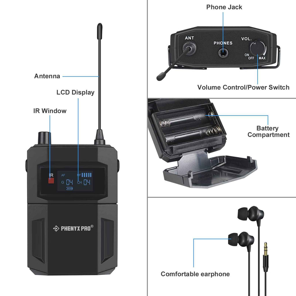 Phenyx Pro UHF Mono Dual Wireless in-Ear Monitor System, Metal Wireless IEM System, Sturdy Bodypack Receiver, 2x50 Frequencies, Separate Outputs,164ft Operation, Suitable for Band and Studio (PTM-22)