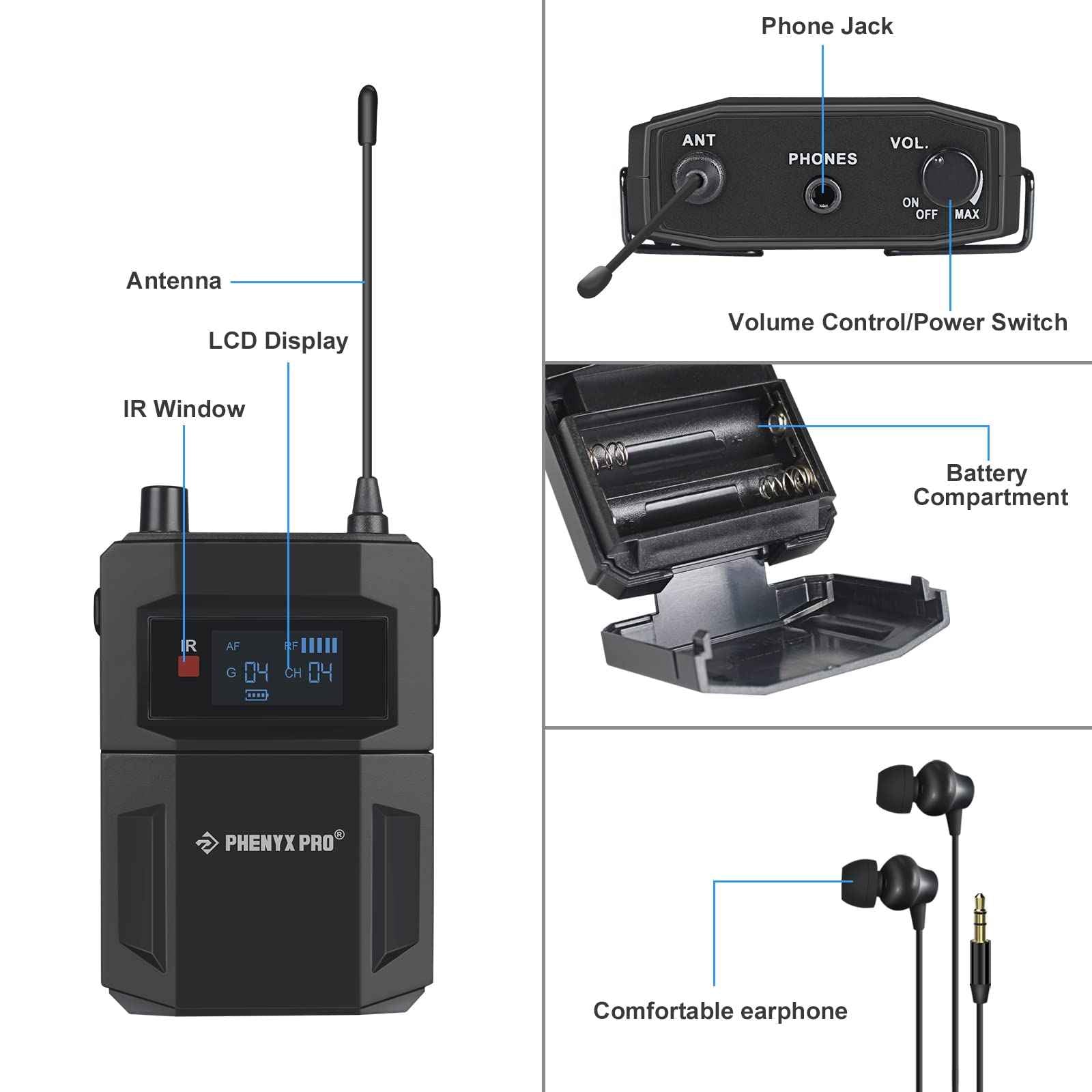 Phenyx Pro UHF Mono Dual Wireless in-Ear Monitor System, Metal Wireless IEM System, Sturdy Bodypack Receiver, 2x50 Frequencies, Separate Outputs,164ft Operation, Suitable for Band and Studio (PTM-22)