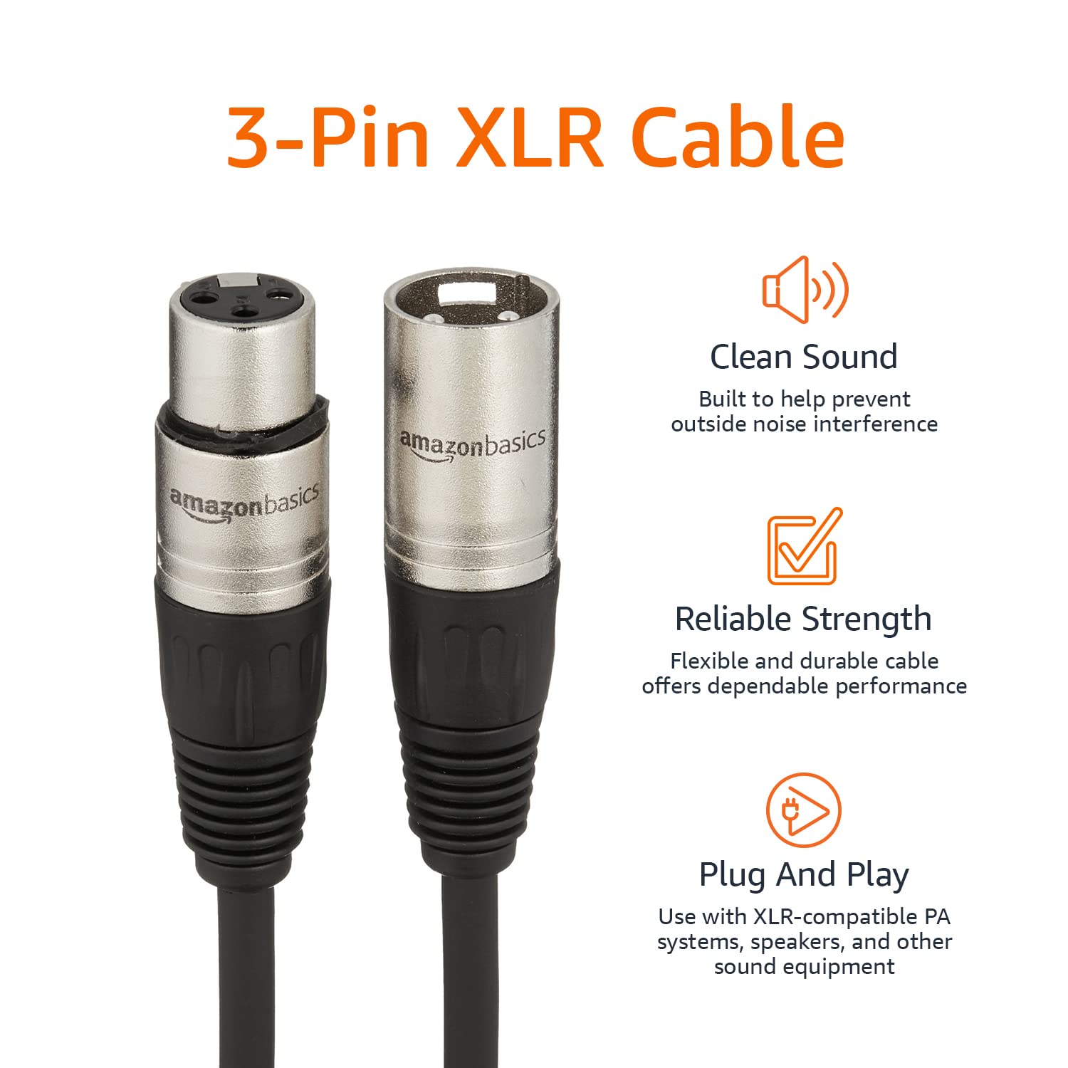 Amazon Basics XLR公对母麦克风电缆，适用于扬声器或公共广播系统、录音棚，全铜导体，低噪声屏蔽，6毫米PVC护套，6英尺，黑色