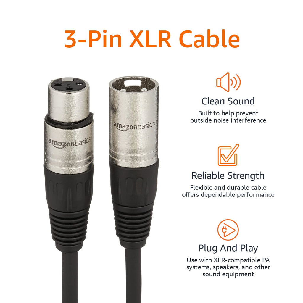 Amazon Basics XLR公对母麦克风电缆，适用于扬声器或公共广播系统、录音棚，全铜导体，低噪声屏蔽，6毫米PVC护套，6英尺，黑色