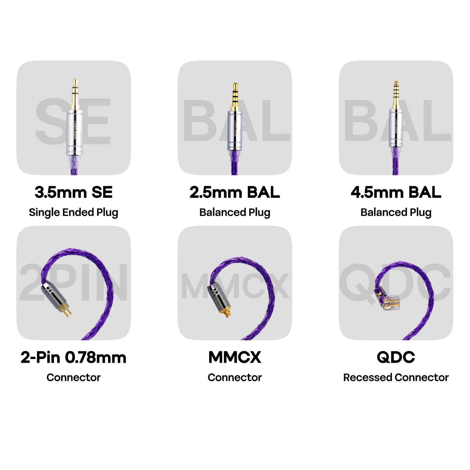 Linsoul Tripowin Zonie IEM Cable, 16 Core Silver Plated Earphone Upgraded Cords, 1.25m SPC in Ear Monitor Cable for 7hz Zero:2 Orchestra Lite Cadenza Hype4 Supermix4(2pin 0.78mm, 3.5mm)(Violet)
