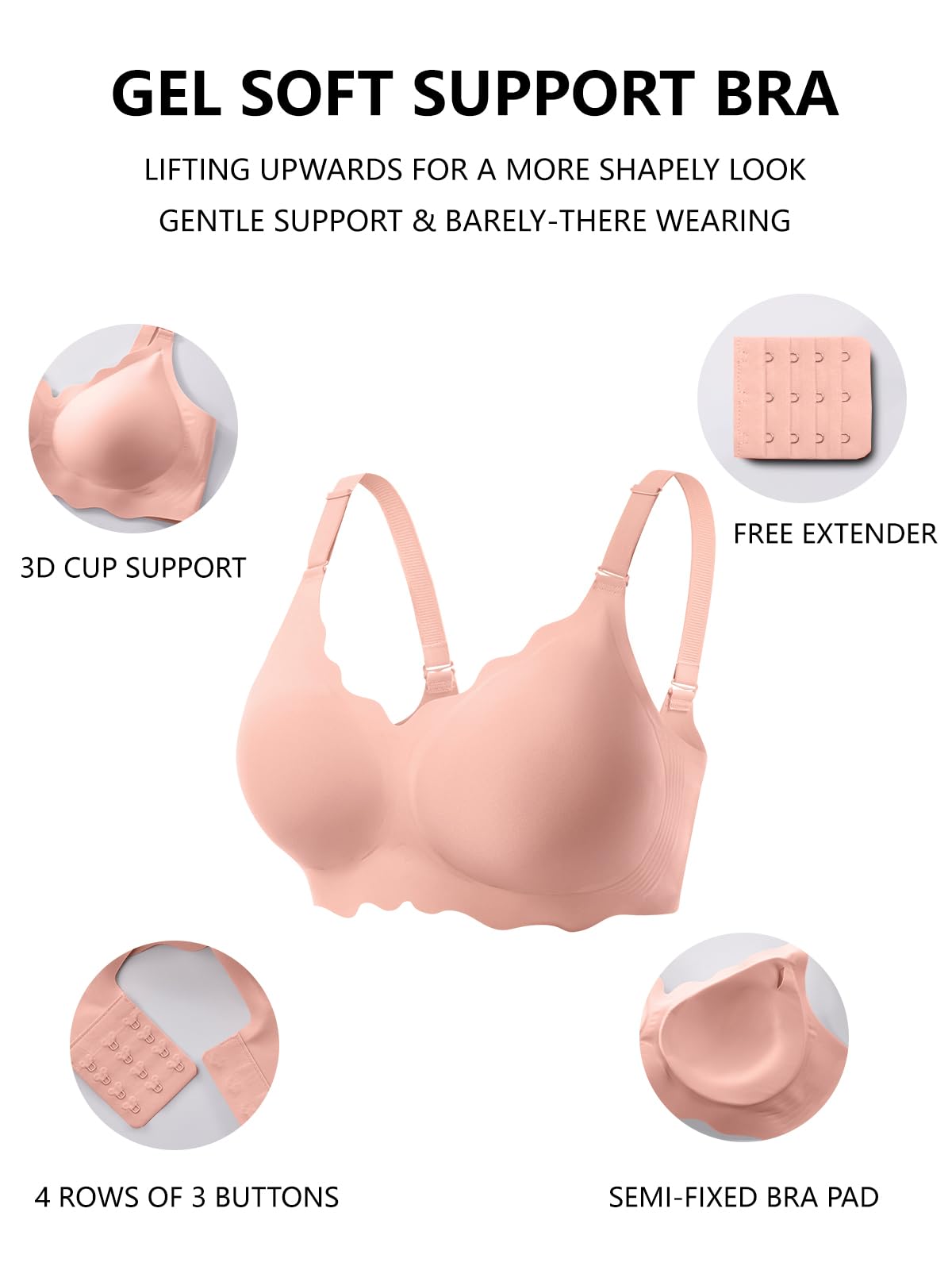 Gel soft support wireless bra in pink, molded pad with adjustable hook-and-eye rows