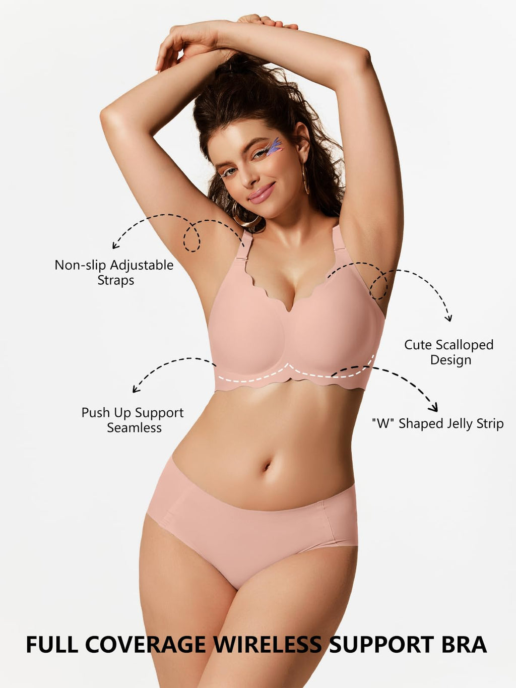Full coverage wireless bralette in pink with scalloped neckline and adjustable straps