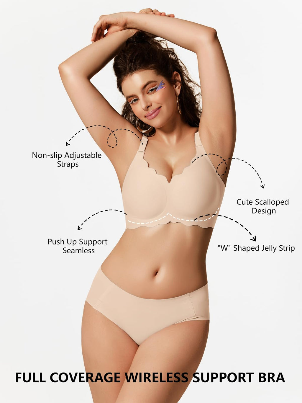 Nude wireless support bra with scalloped edges, push-up seams, and adjustable straps