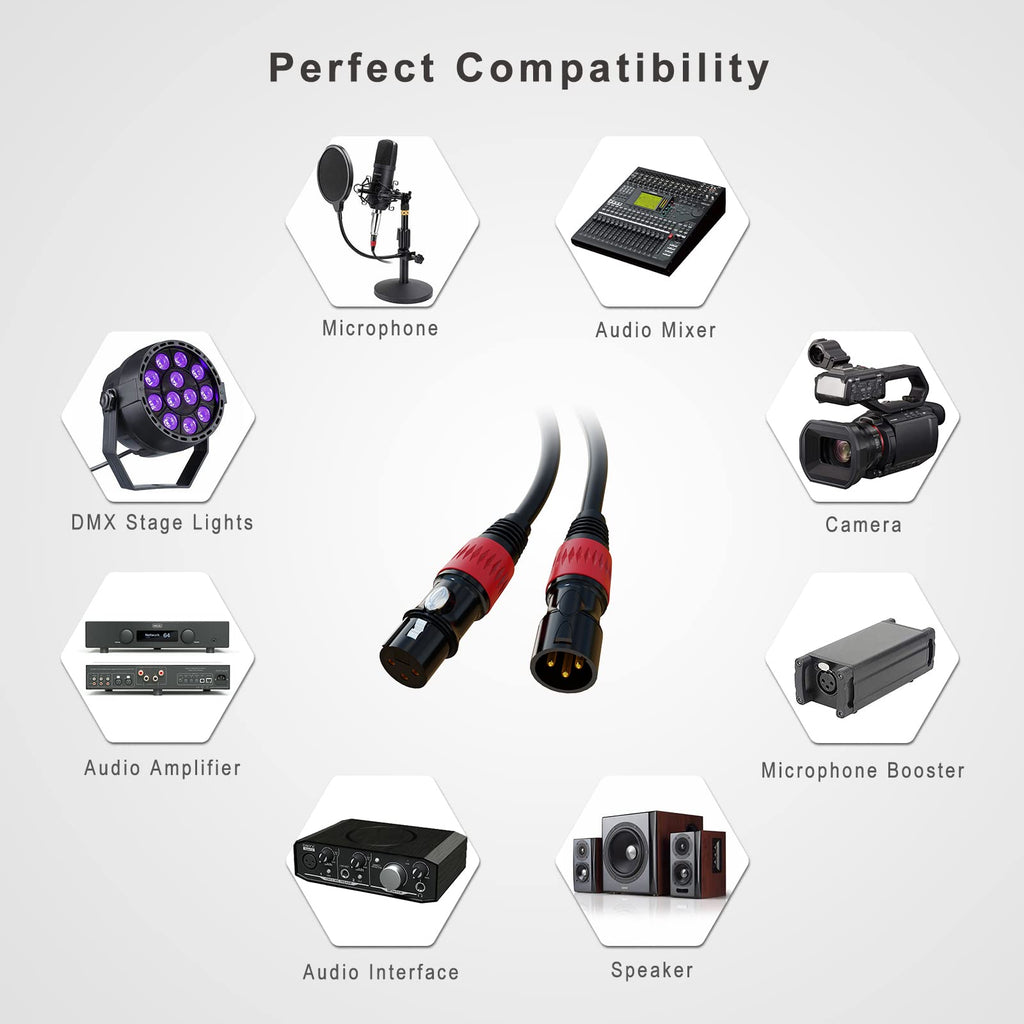 XLR 连接线，XLR 麦克风线 25 英尺 6 条装，镀金 3 针 XLR 音箱线公对母平衡麦克风线