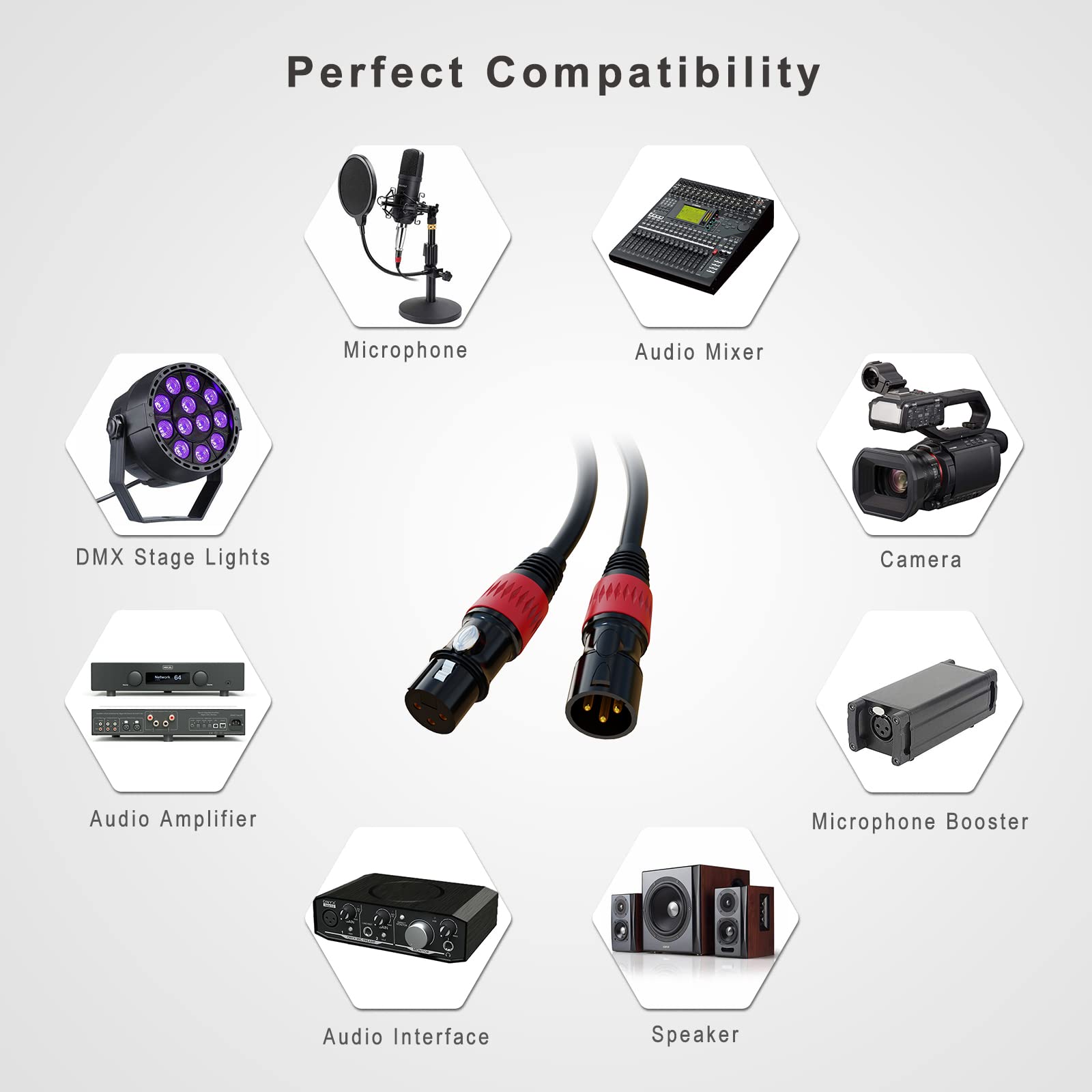 XLR 连接线，XLR 麦克风线 25 英尺 6 条装，镀金 3 针 XLR 音箱线公对母平衡麦克风线