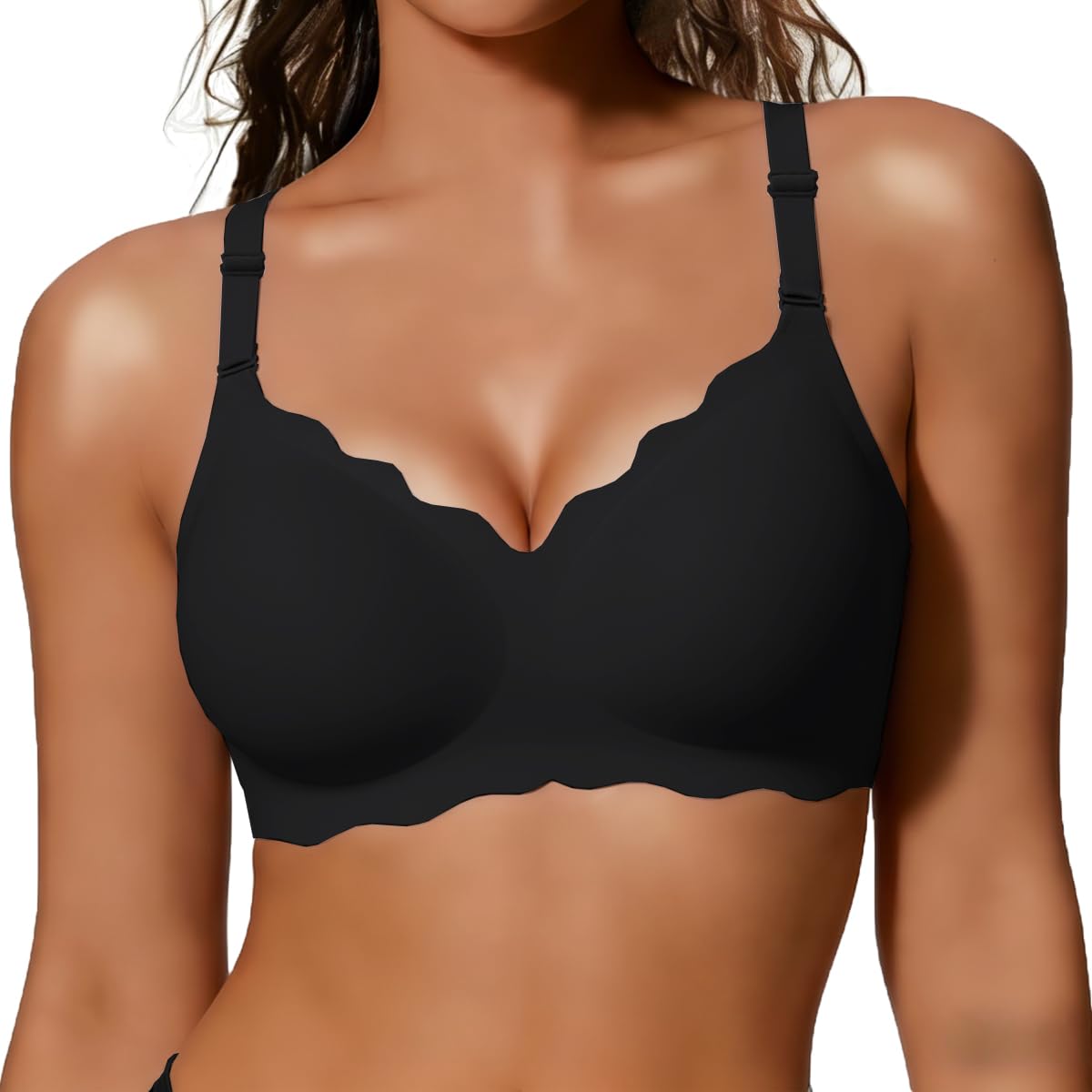 Wireless push-up jelly bra bralette with scalloped edge in black
