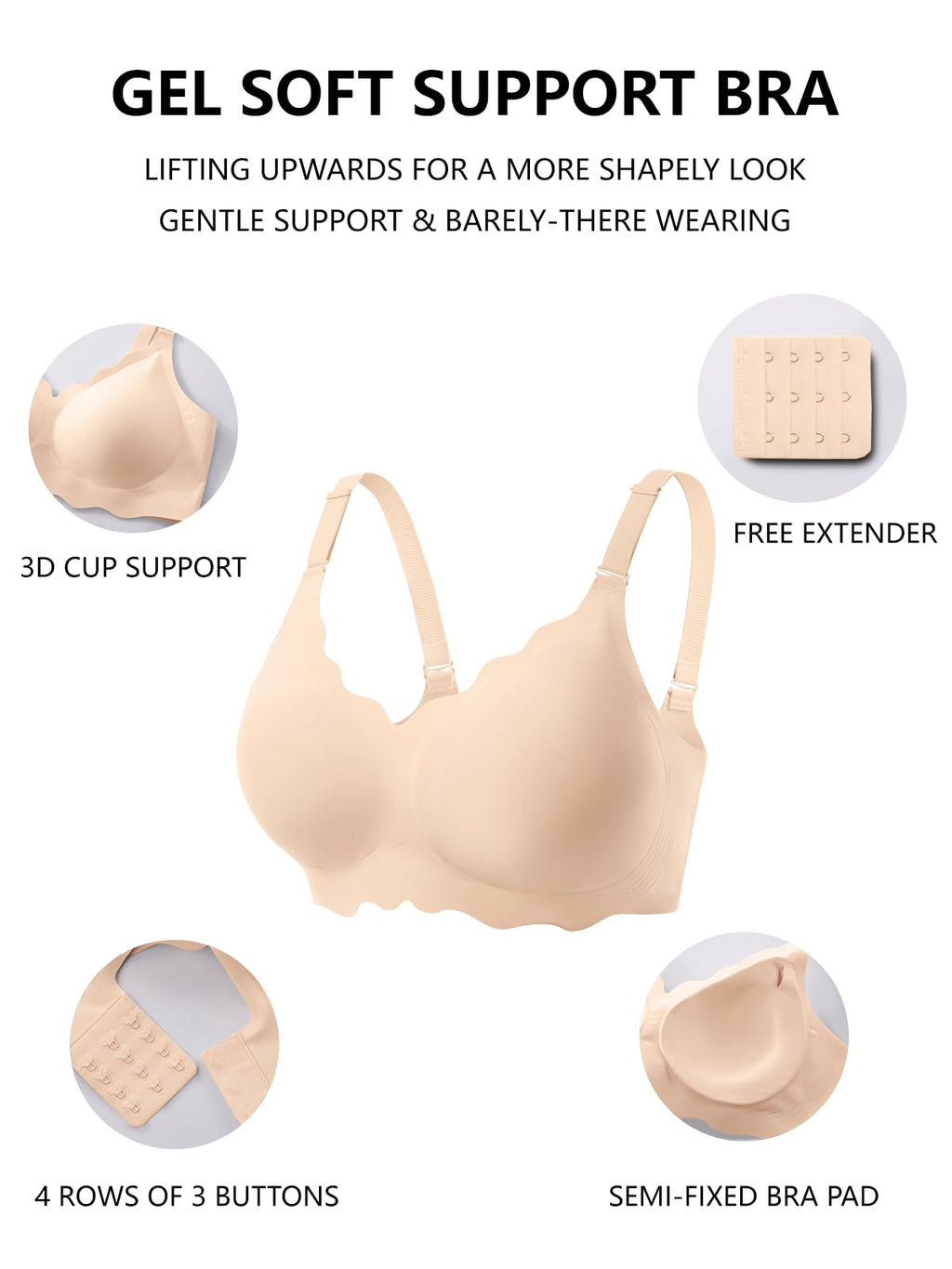 Nude wireless push-up bra set with semi-fixed pad and hook-and-eye extender