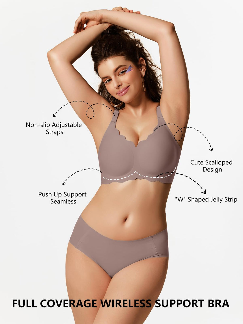 Full coverage wireless bralette in taupe with scalloped neckline and adjustable straps