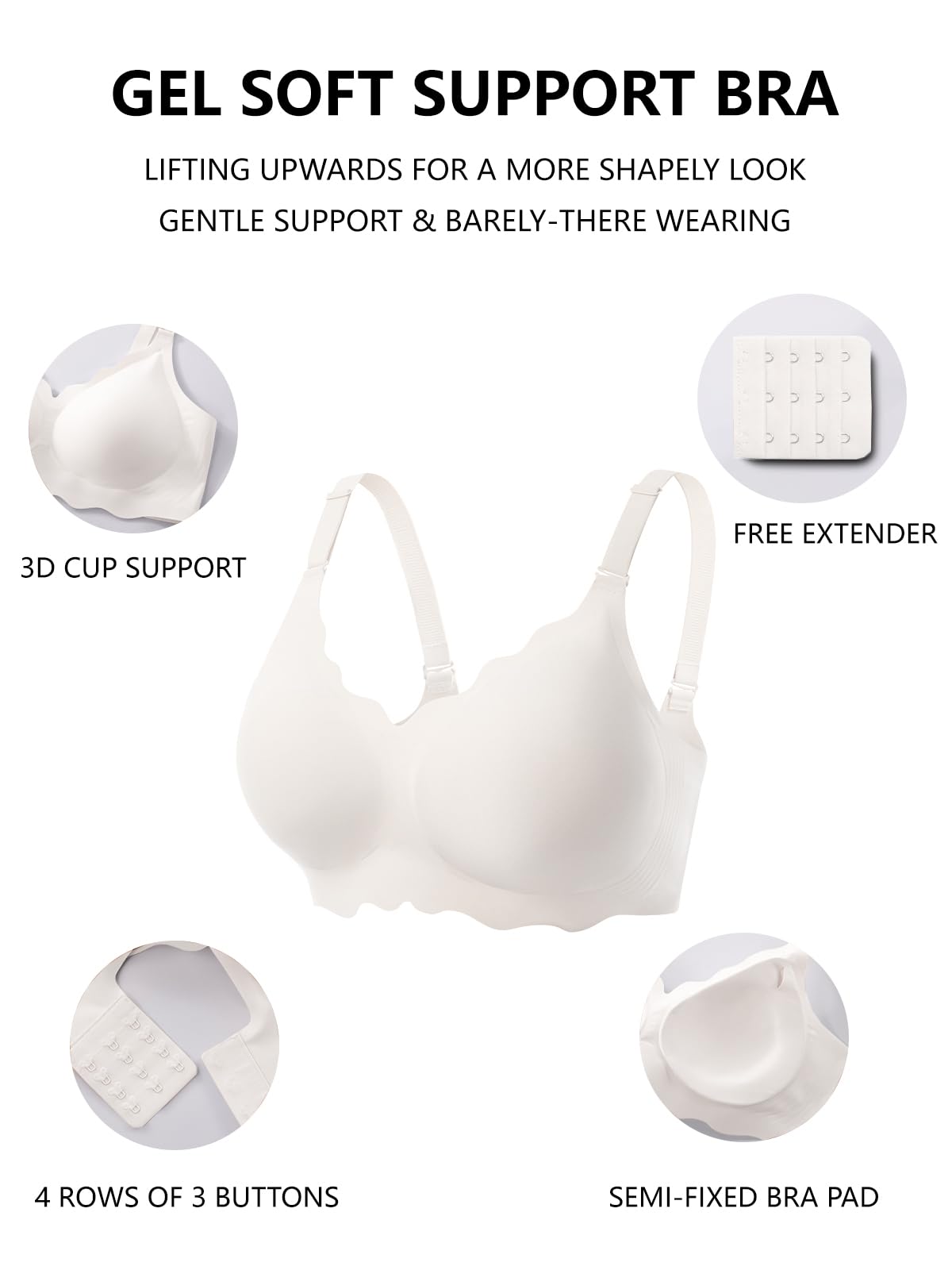 White wireless push-up bralette with scalloped cups and semi-flexed bra pad