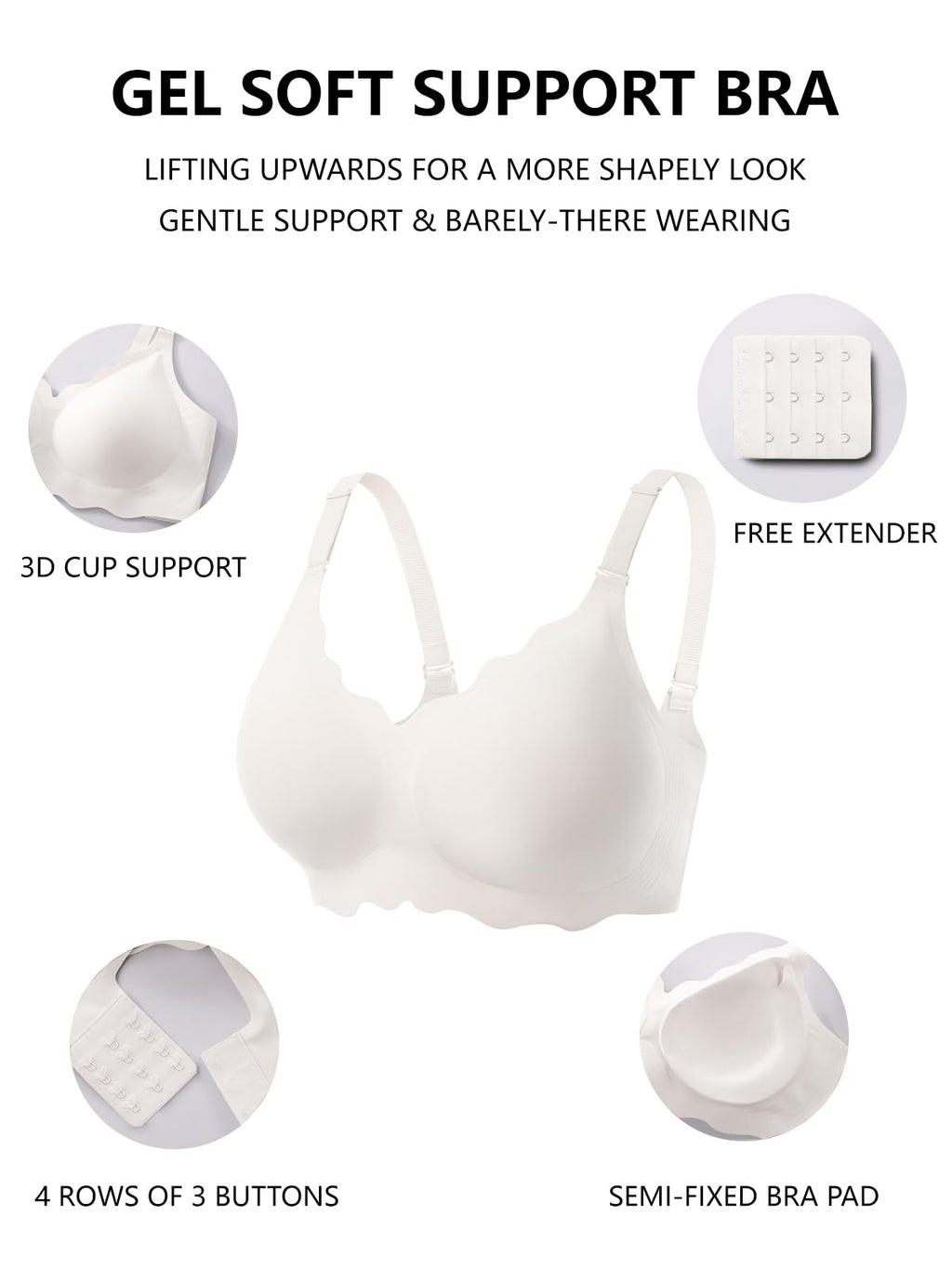 Seamless wireless bralette in white with scalloped cups and adjustable straps