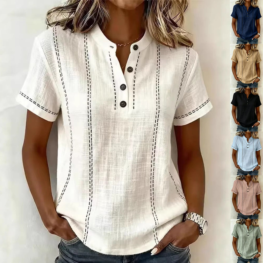 Women’s striped short-sleeve blouse, white with dark vertical stitching, button V-neck