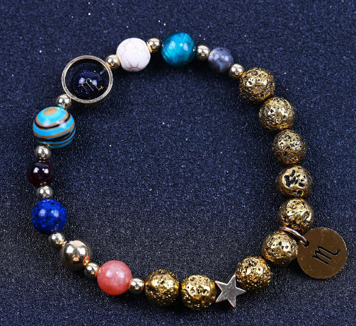 Zwölf-Konstellationen-Armbänder Blau San Vulkangestein Antikes & Gold Perlenarmband