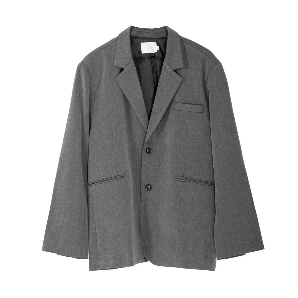 Gray relaxed-fit coat with notch lapels and button front, flap chest and side pockets
