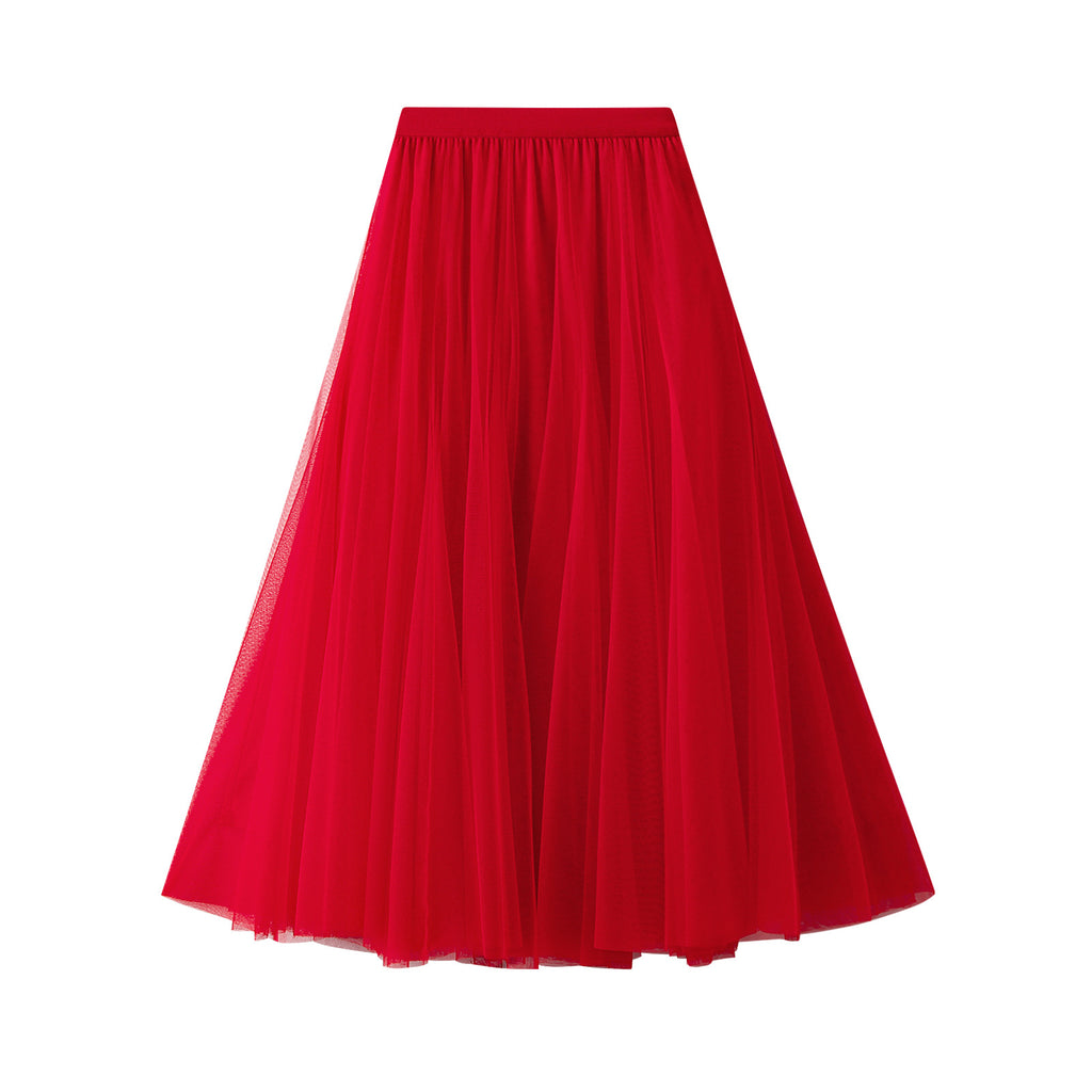 Red tulle pleated skirt with high elastic waistband, mid-length flare