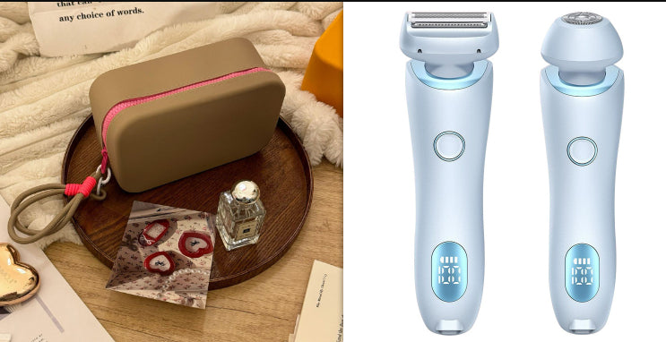 Electric hair trimmer with foil shaving head and blue body, with beige travel pouch